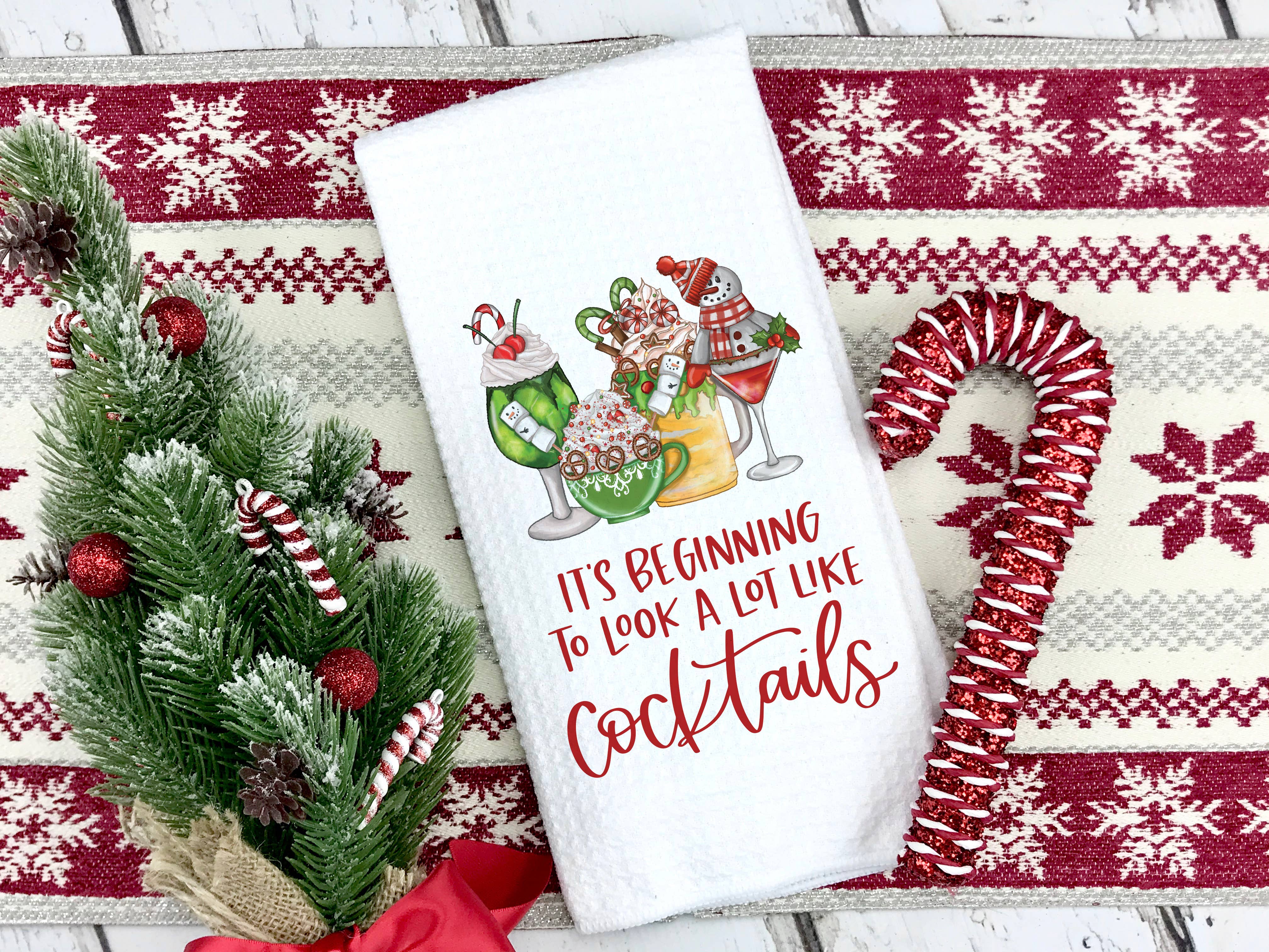 Christmas Cocktails Kitchen Towel, Holiday Home Decor - Clearance