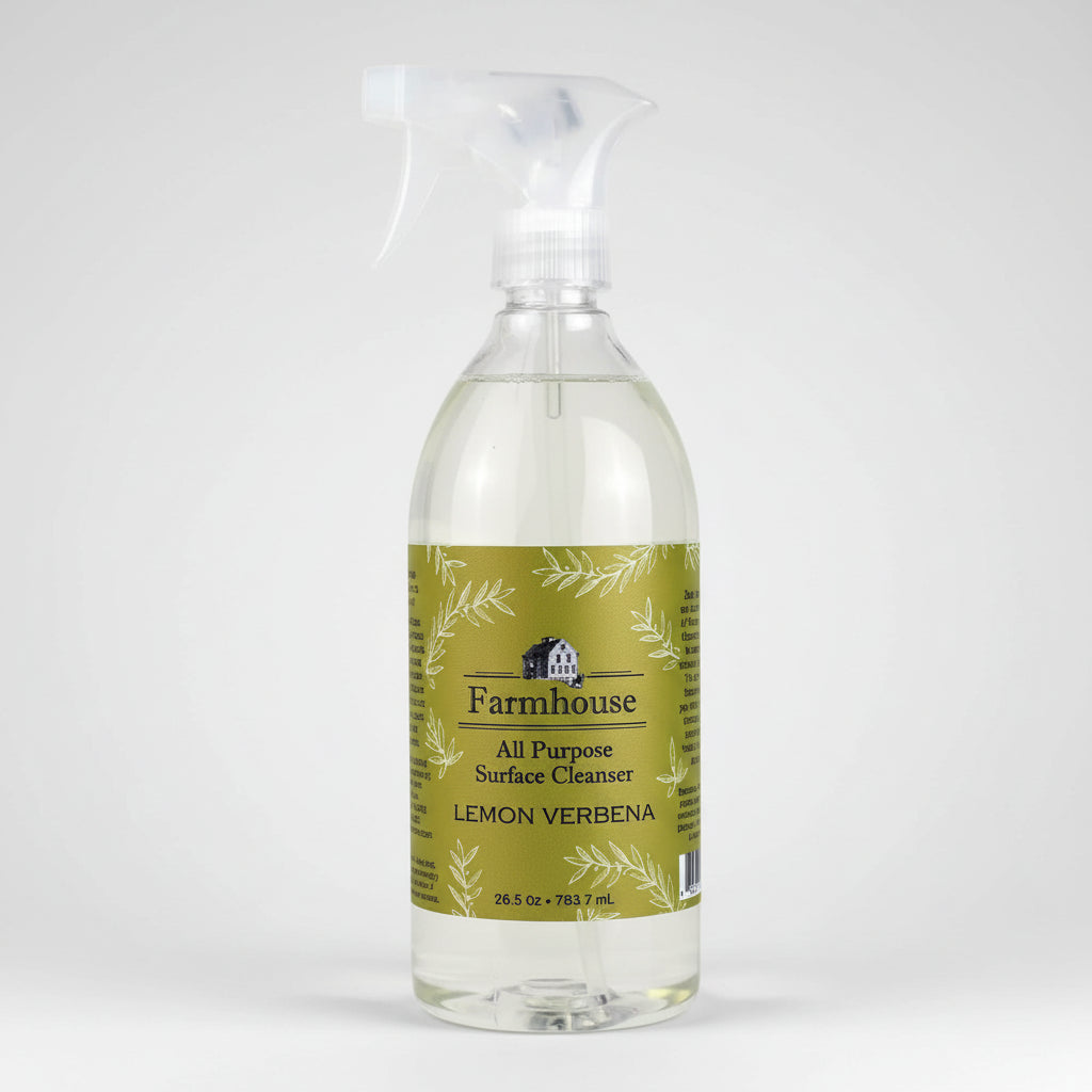 Farmhouse all-purpose surface cleanser bottle with lemon verbena scent on a white background