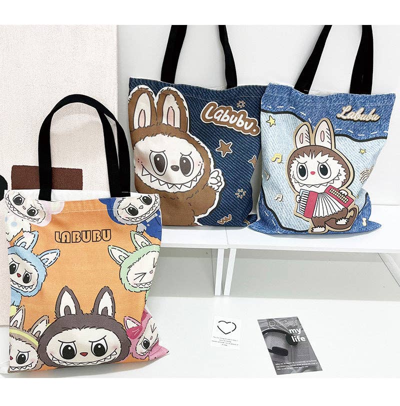 Set of three bags with LABUBU character design on a white background