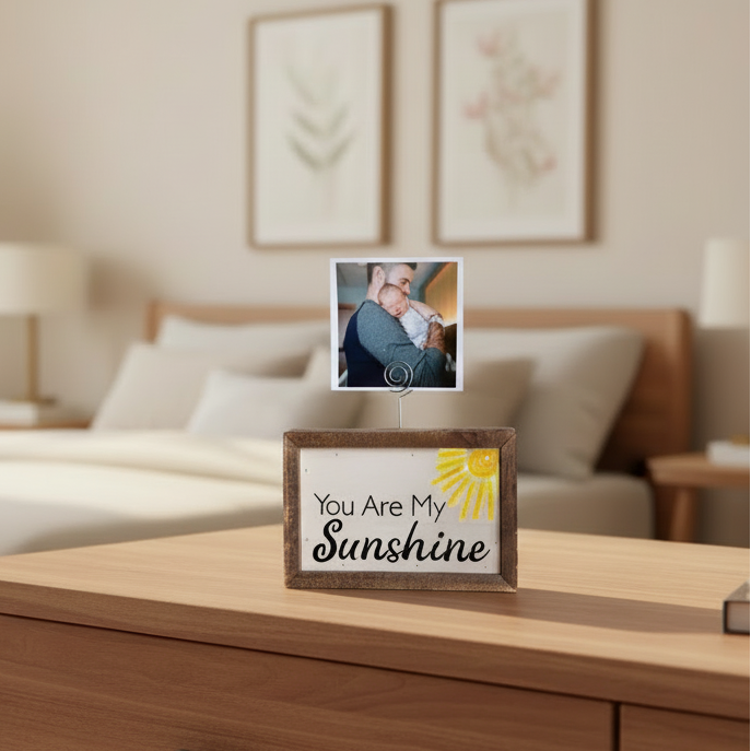 Decorative photo holder with 'You Are My Sunshine' text and sun illustration on a white background
