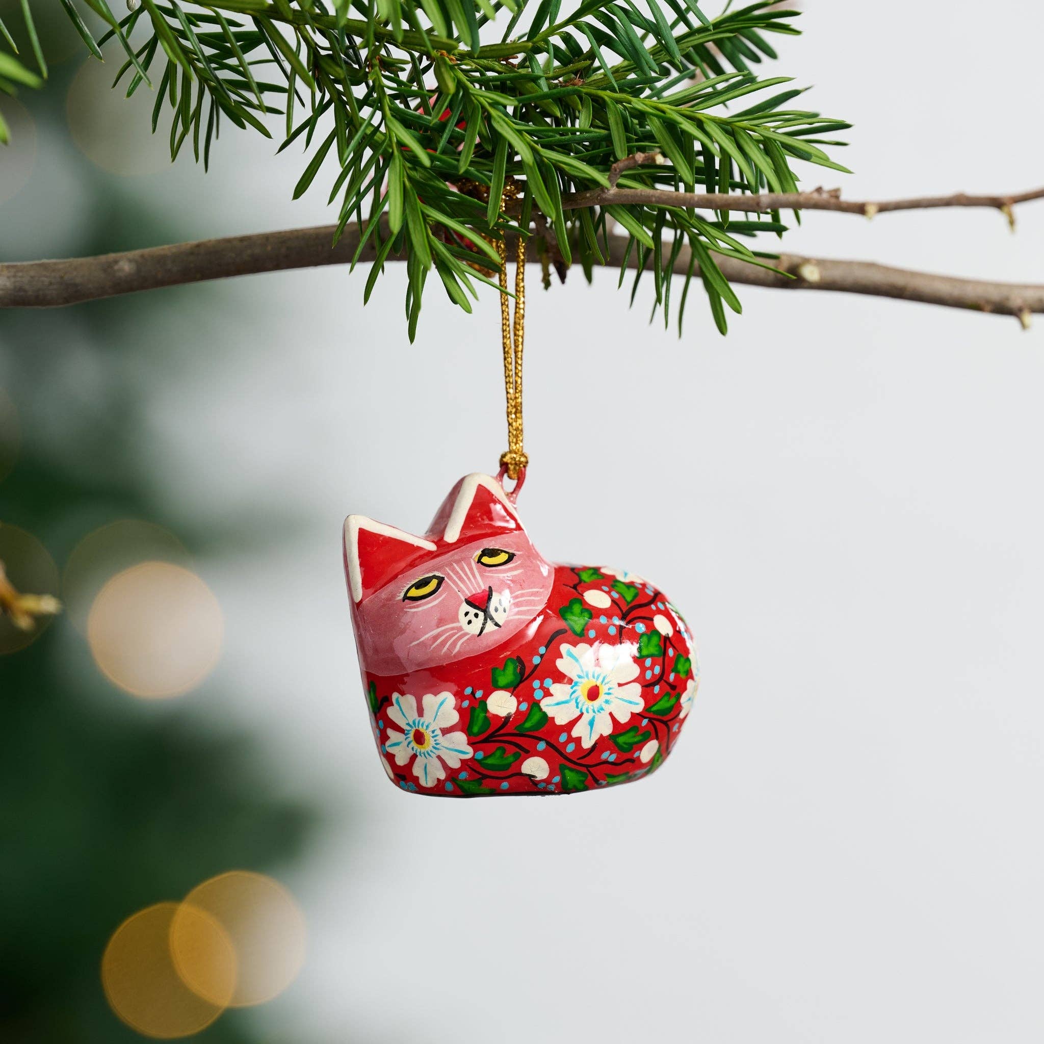 Ten Thousand Villages - Painted Floral Cat Paper Mache Ornament