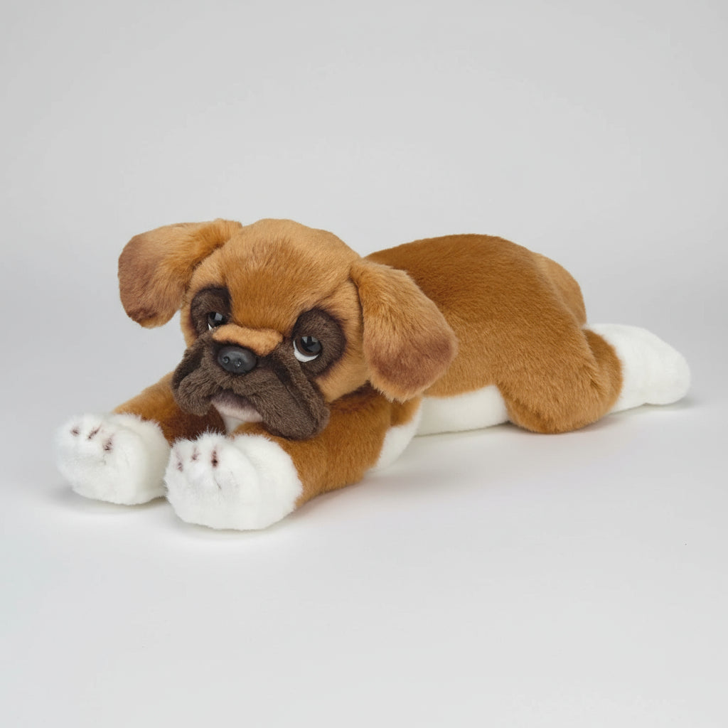 Plush toy dog with brown and white fur on a white background