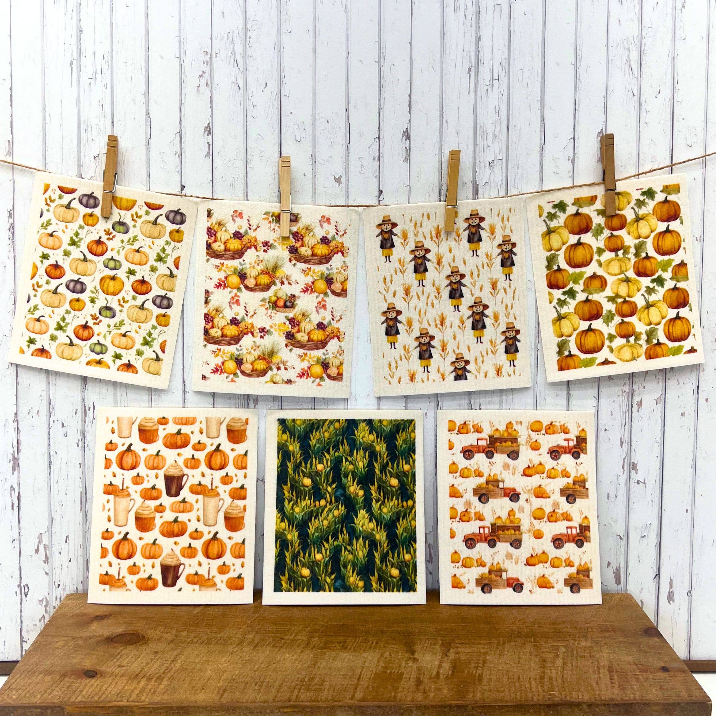 Driftless Studios - Pumpkin Patterned Fall Swedish Dishcloth - Kitchen Towels