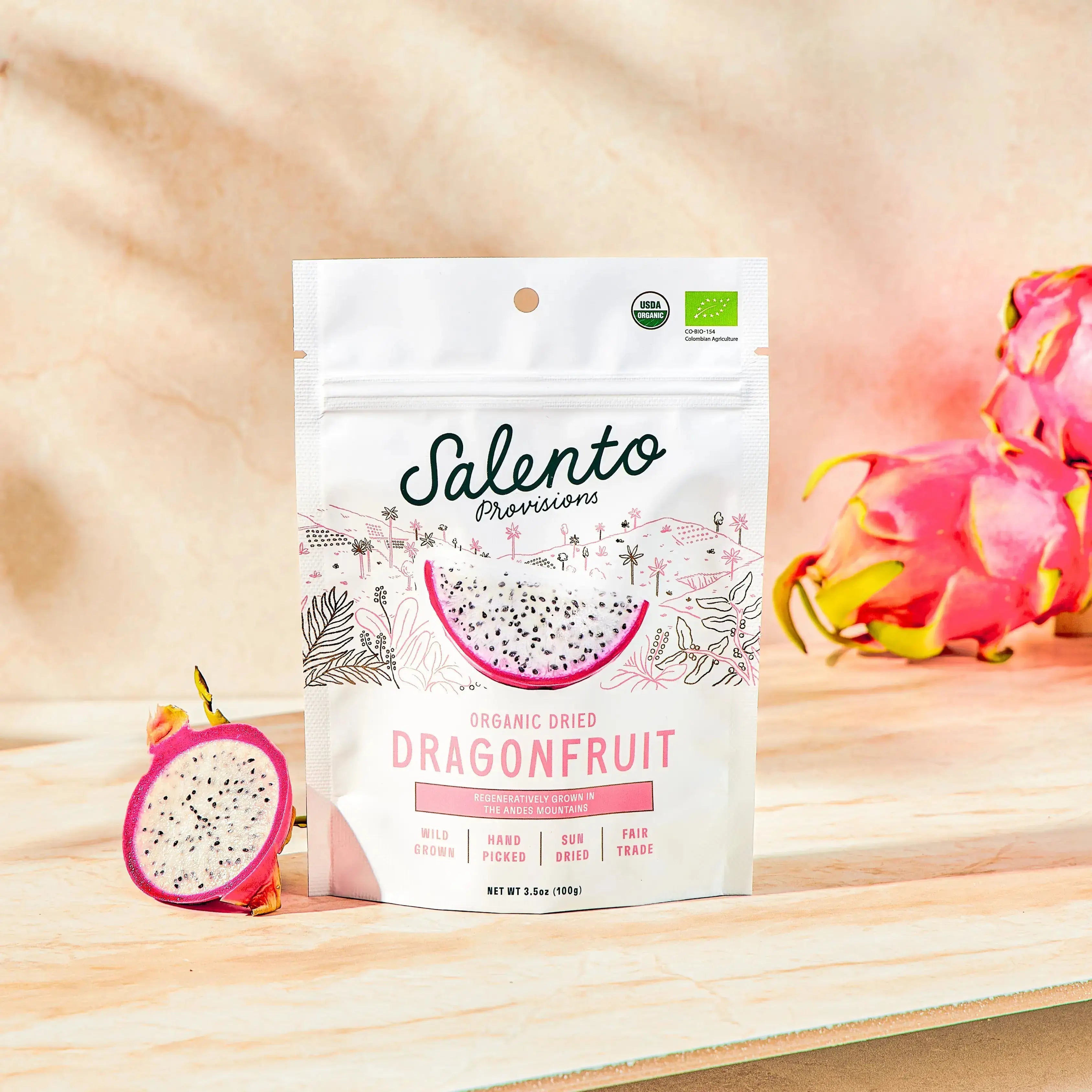 Salento Provisions organic dragonfruit packaging on a white background