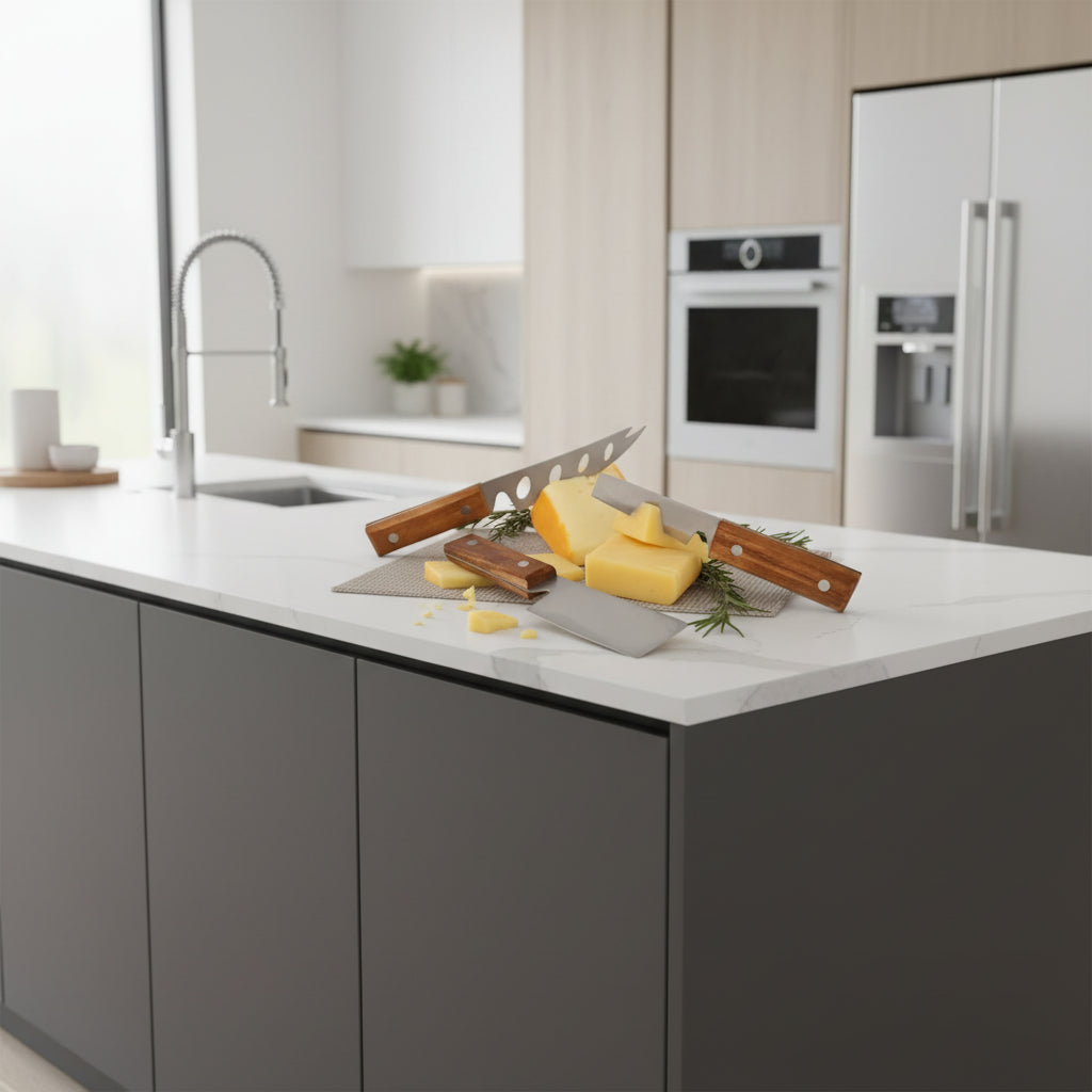 Three pieces of cheese with wooden-handled knives on a white background