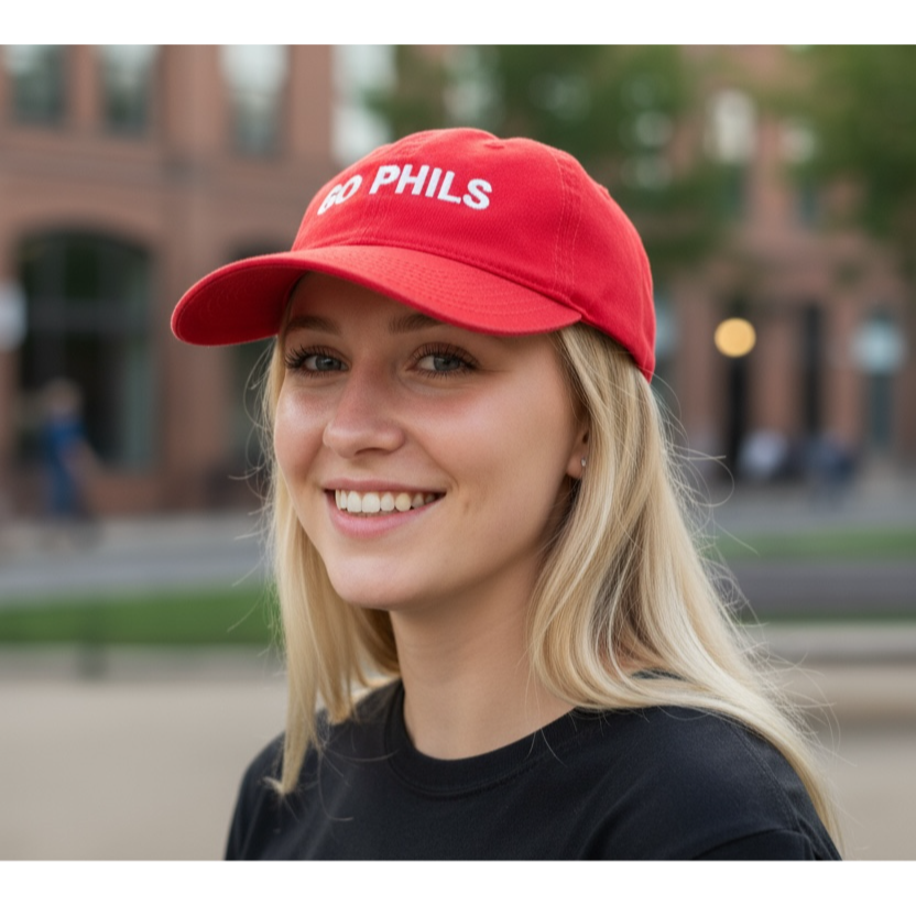 Person wearing a red cap with 'PHILS' text, standing outdoors.
