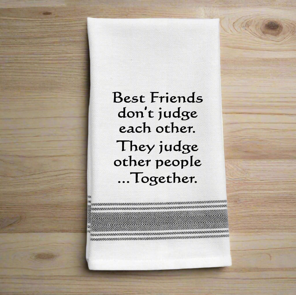 White towel with black text on a white background