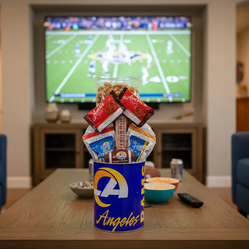 Gift basket with snacks in a blue bucket on a white background