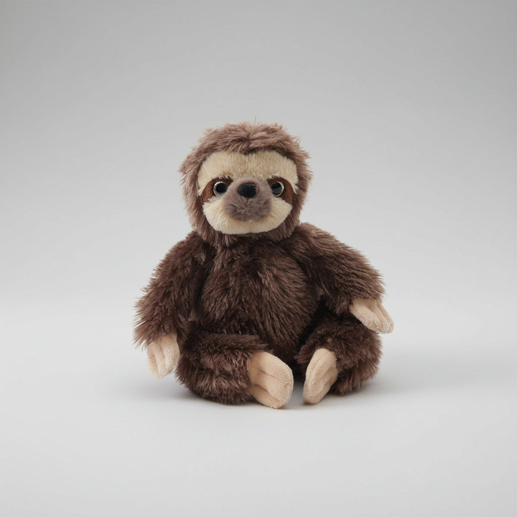 Plush toy sloth on a white background