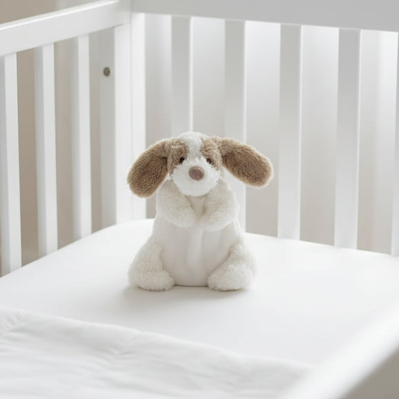 Plush toy dog with brown ears and paws on a white background