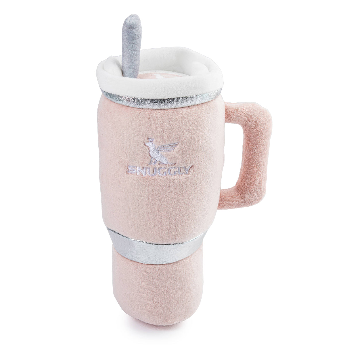 Pink mug with a spoon on a white background