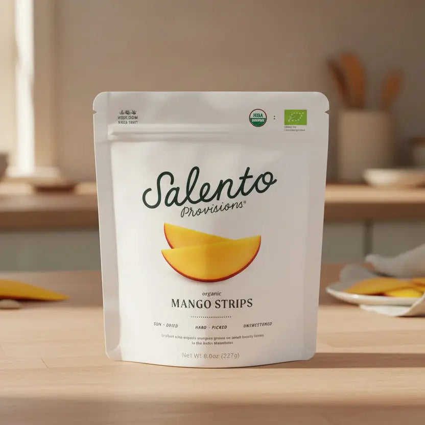 Packaging of Salento Provisions organic mango strips on a light gray background