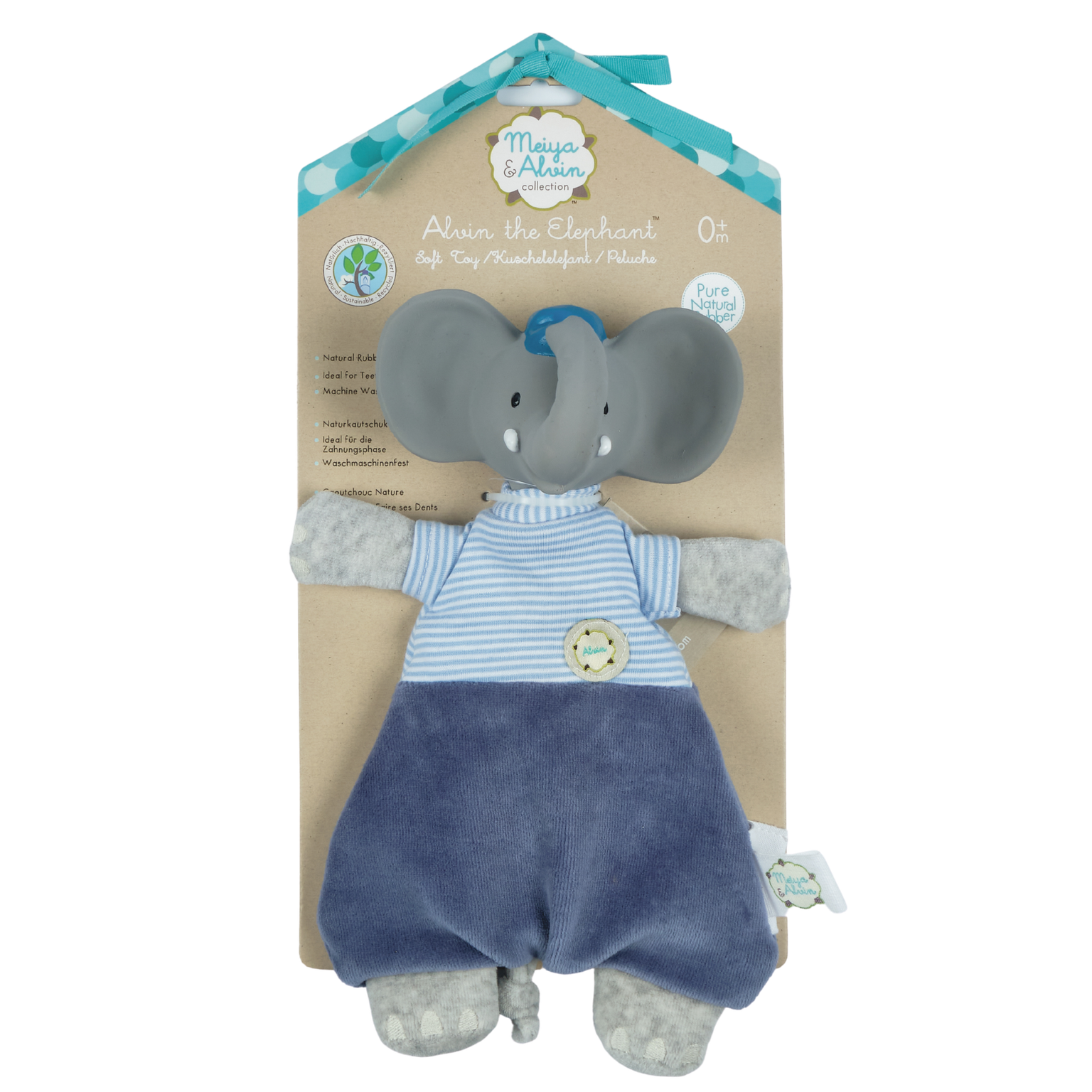 Tikiri Toys LLC - Alvin the Elephant Velour Lovey w/Nat. Rubber Teether Head