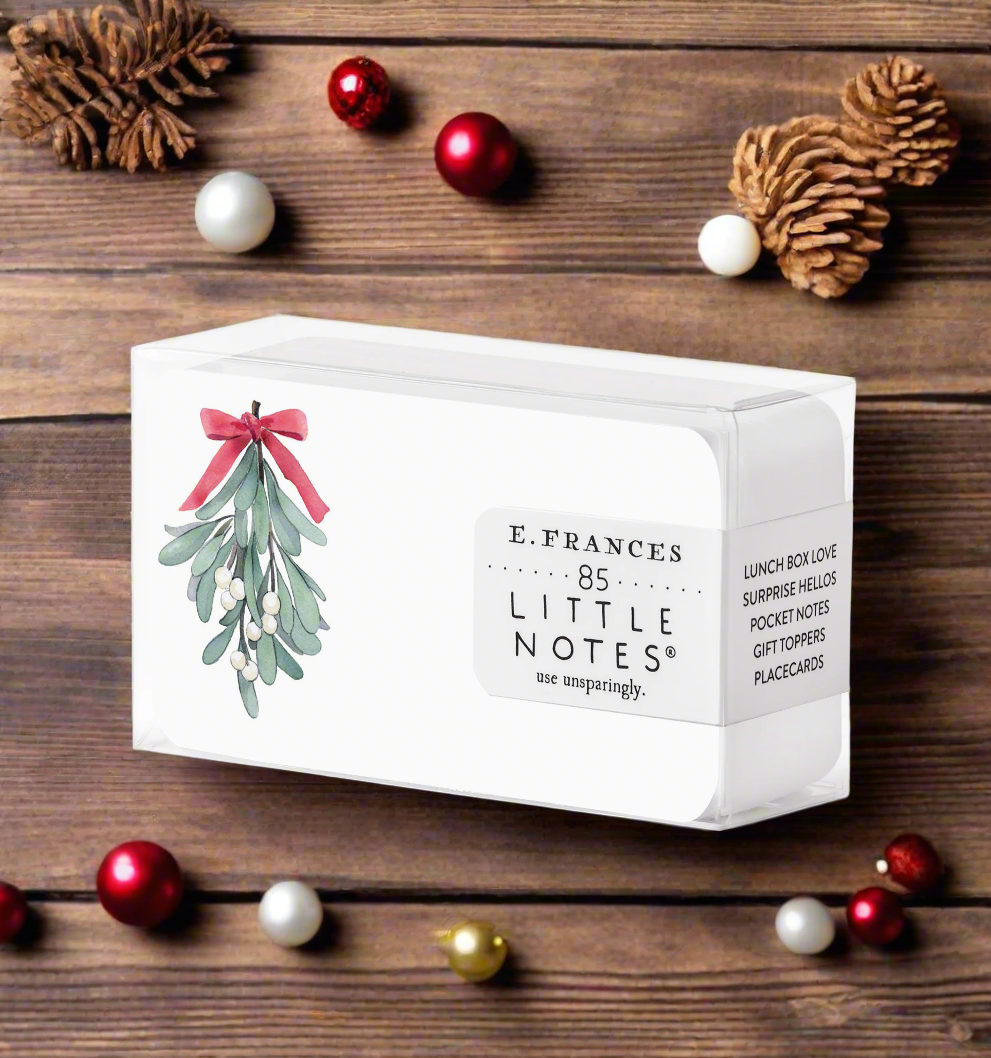Pack of E. Frances Little Notes with a decorative bow and mistletoe design on a white background