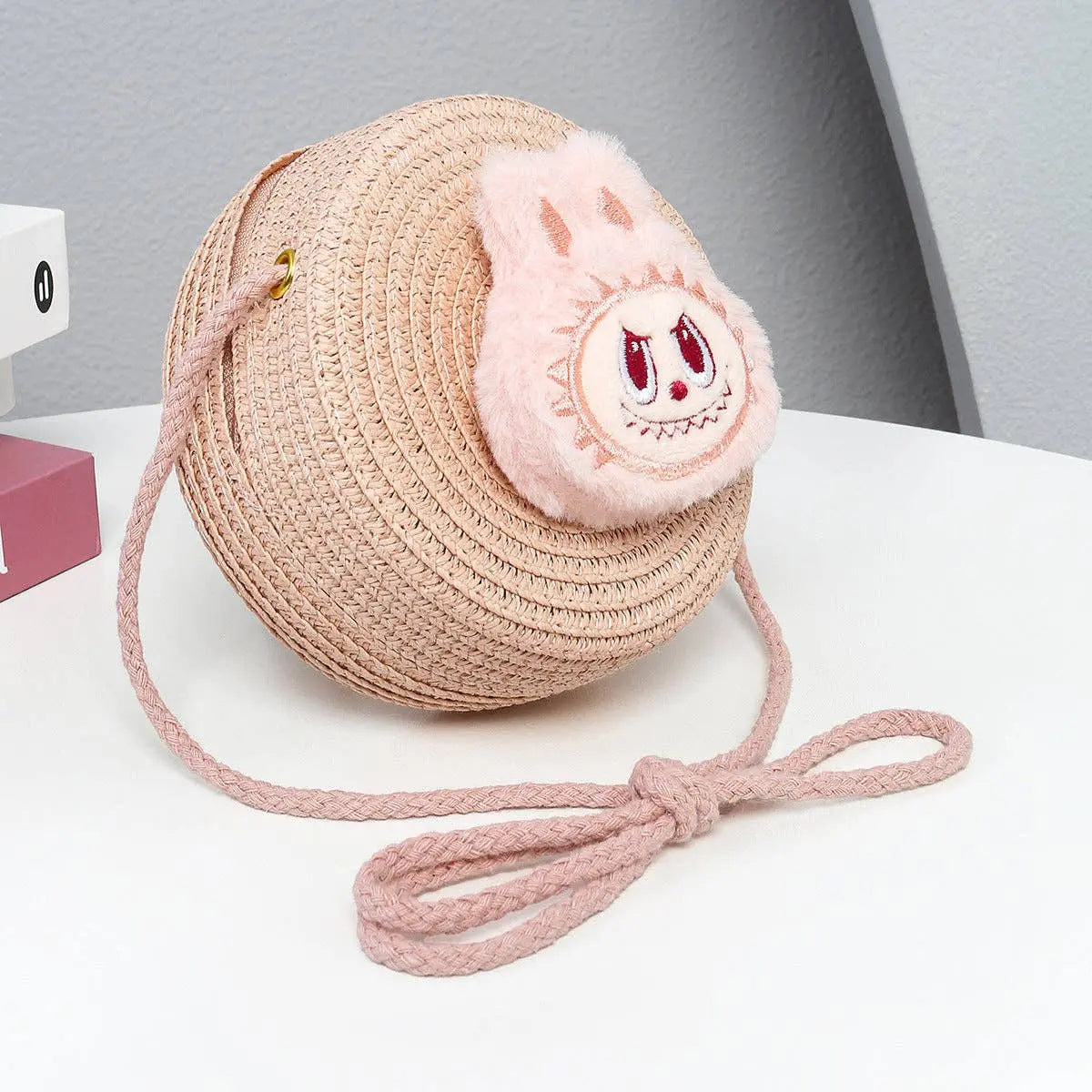 Cartoon Monster Handmade Woven Straw Crossbody Bag - Small Round Purse