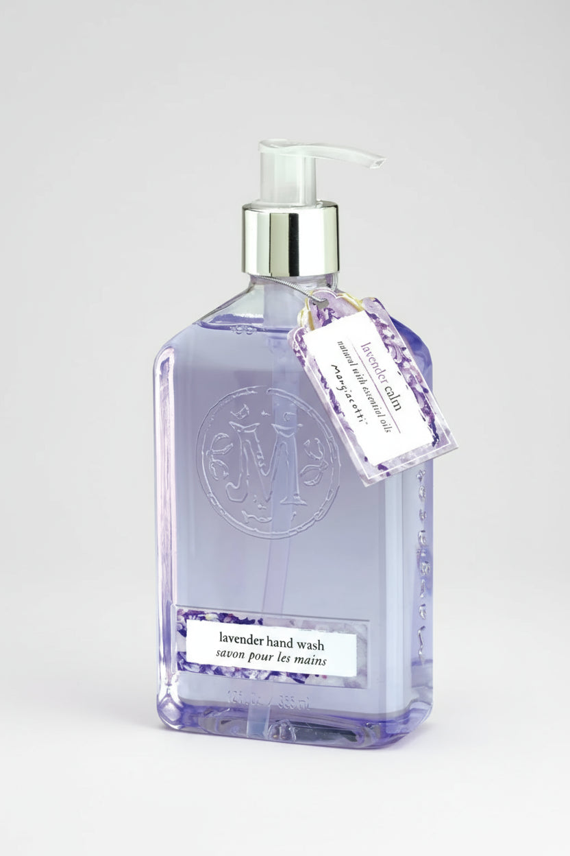 Lavender hand wash bottle with pump on a white background