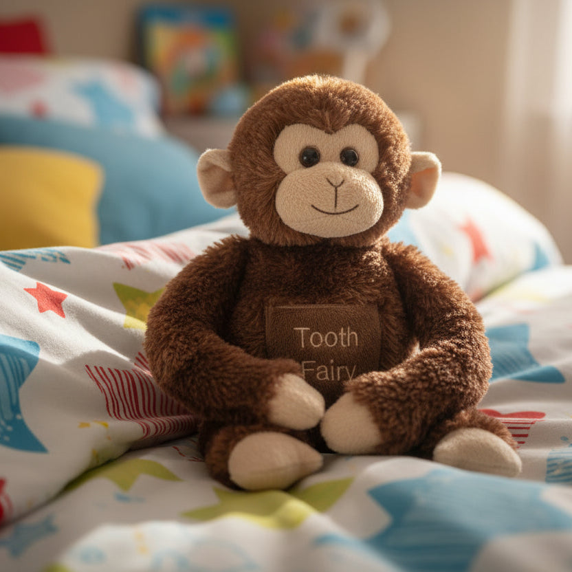 Brown monkey plush toy with 'Tooth Fairy' pocket on a white background