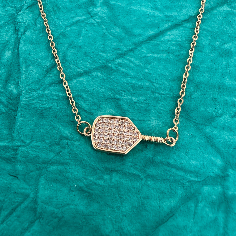 Gold Pickleball Connector Rhinestone Necklace - Mother's Day