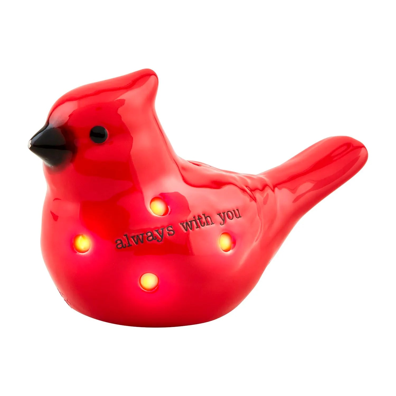 Red cardinal-shaped night light with 'always with you' text on a white background