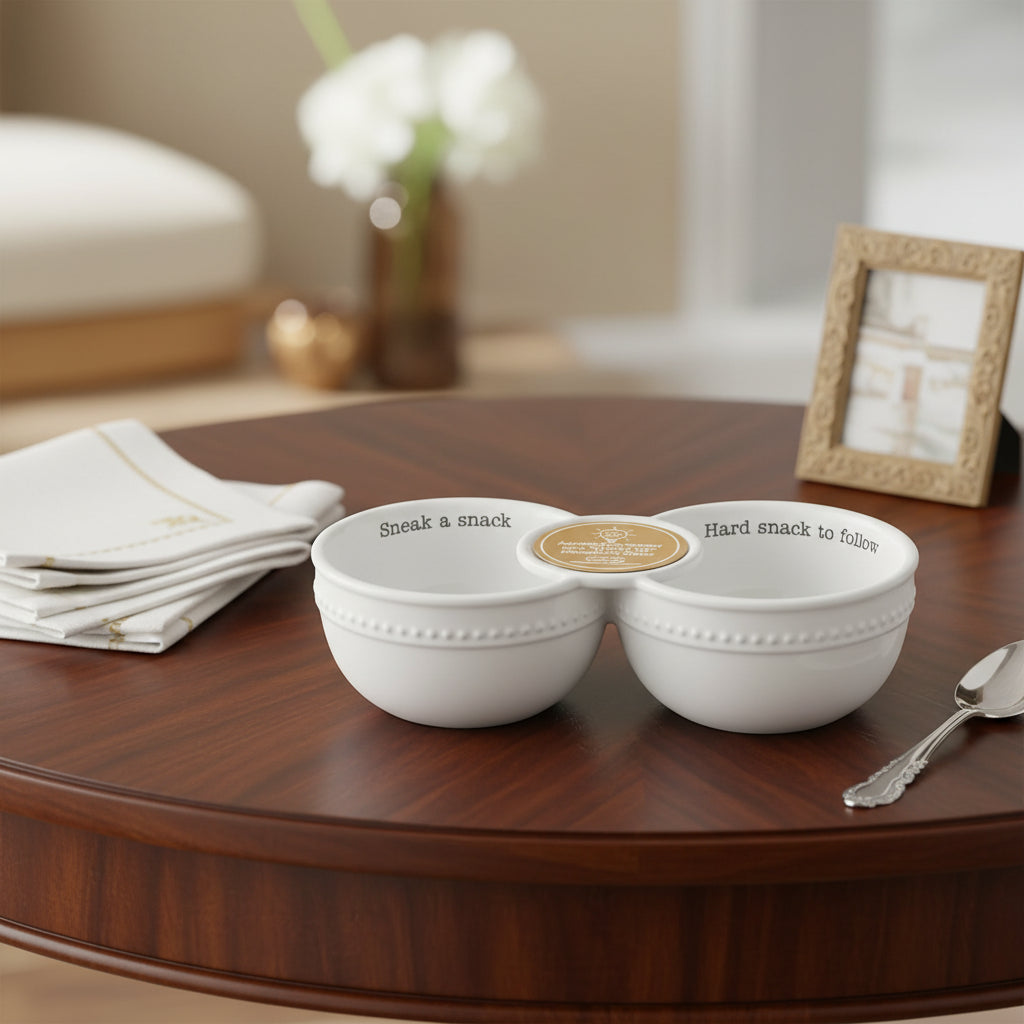 White ceramic snack bowls with text on a white background
