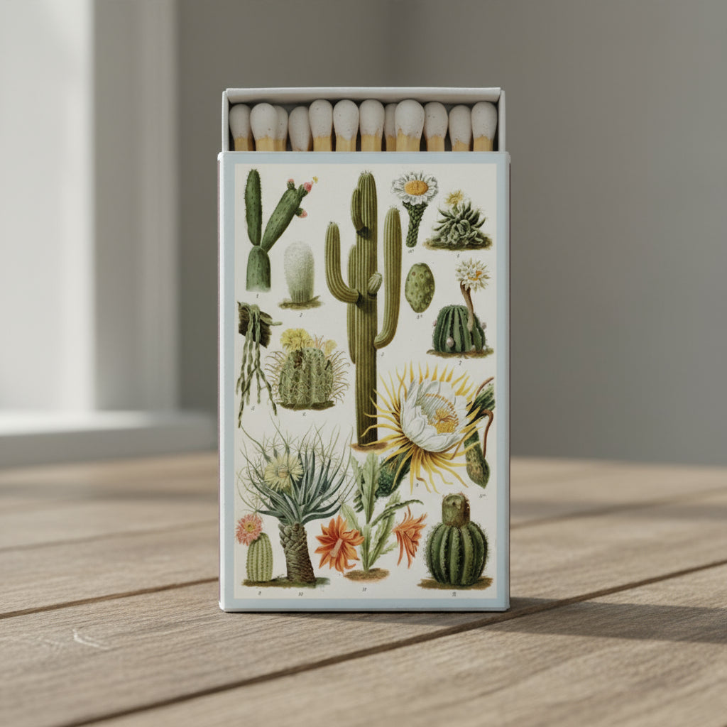 Matches in a box with cactus illustrations on a white background