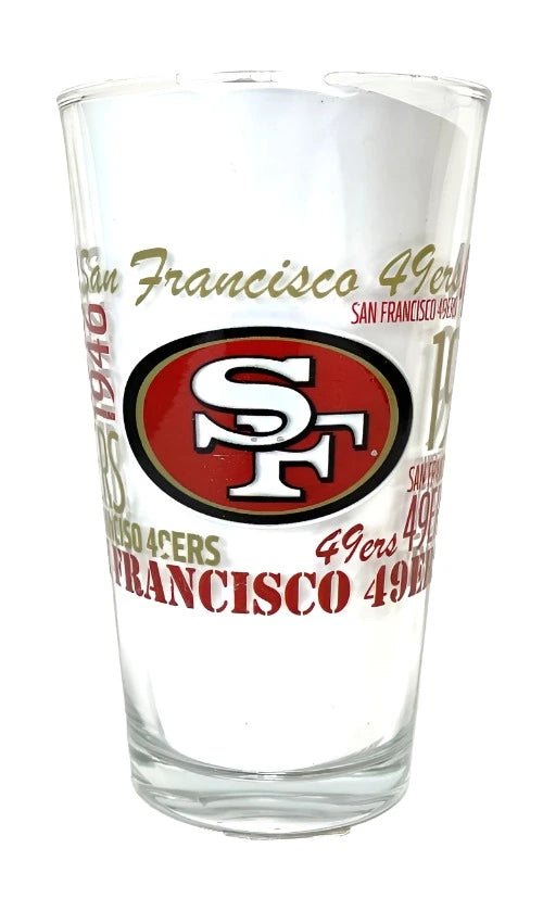 Clear glass with San Francisco 49ers logo and text on a white background