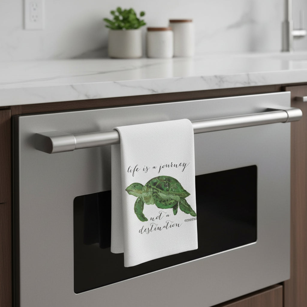 Green Sea Turtle Kitchen Towel with Inspirational Quote - French Graffiti Art