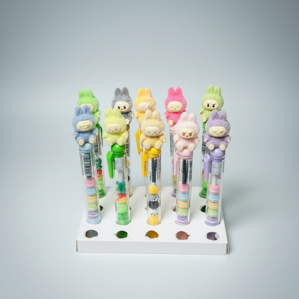 Set of colorful cartoon-style pens on a decorative stand with abstract art in the background.
