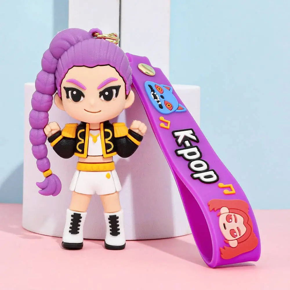 Toy figure with purple hair holding a 'K-Pop' wristband against a light blue background