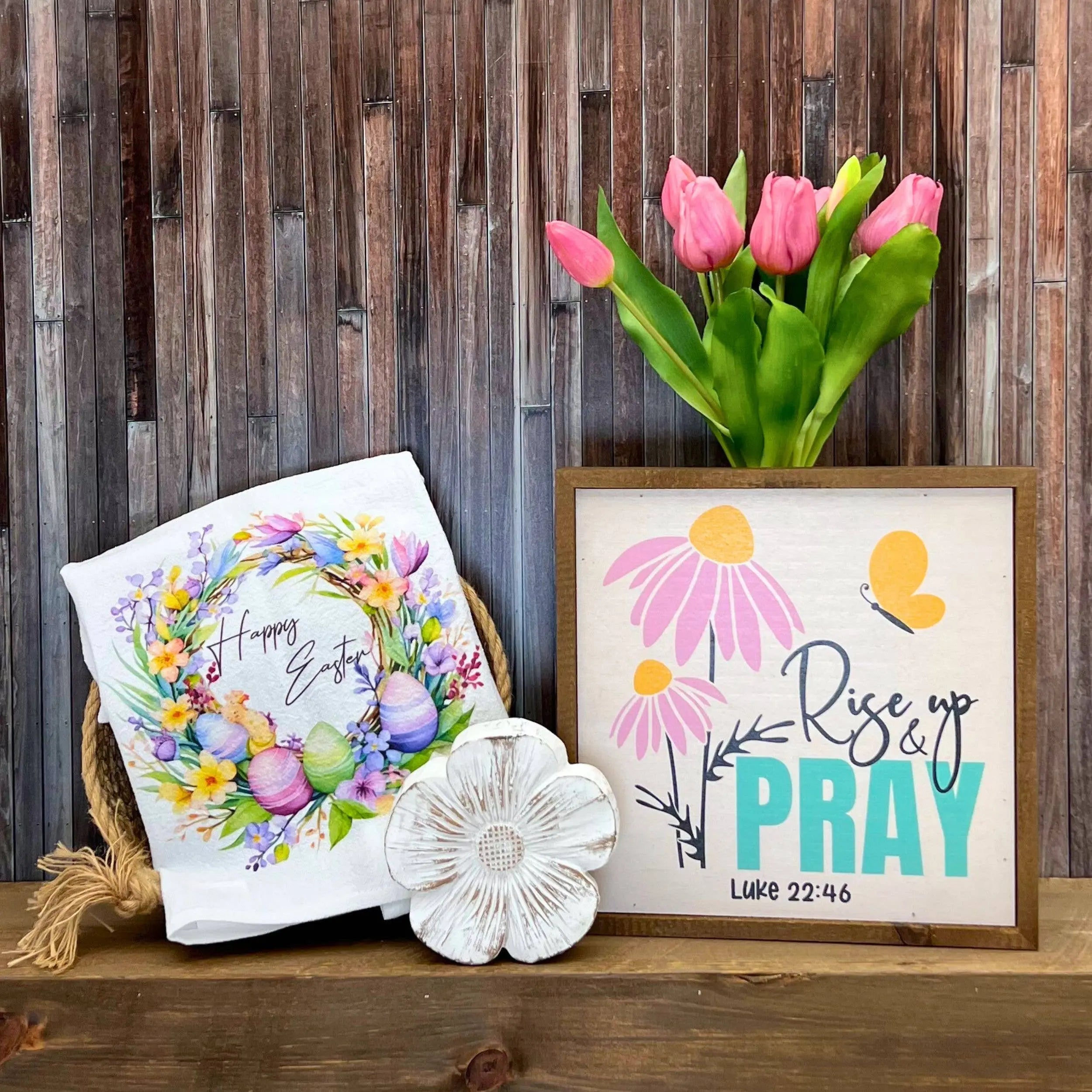Happy Easter Wreath Cotton Tea Towel - Spring Kitchen Decor