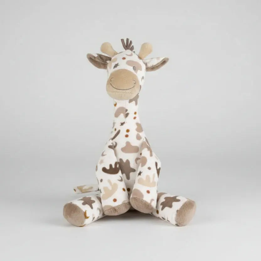 Plush giraffe toy with brown and beige pattern on a white background
