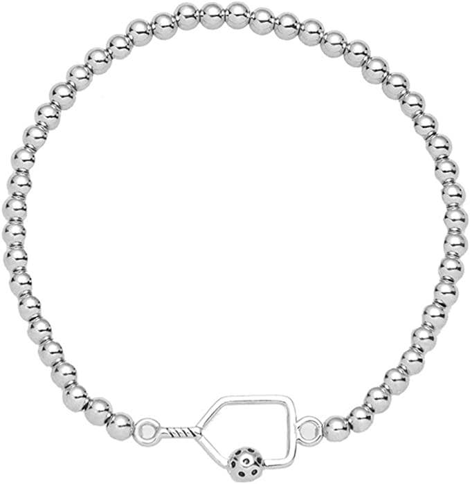 Pickleball Beaded Stretch Bracelet - Silver - Mother's Day