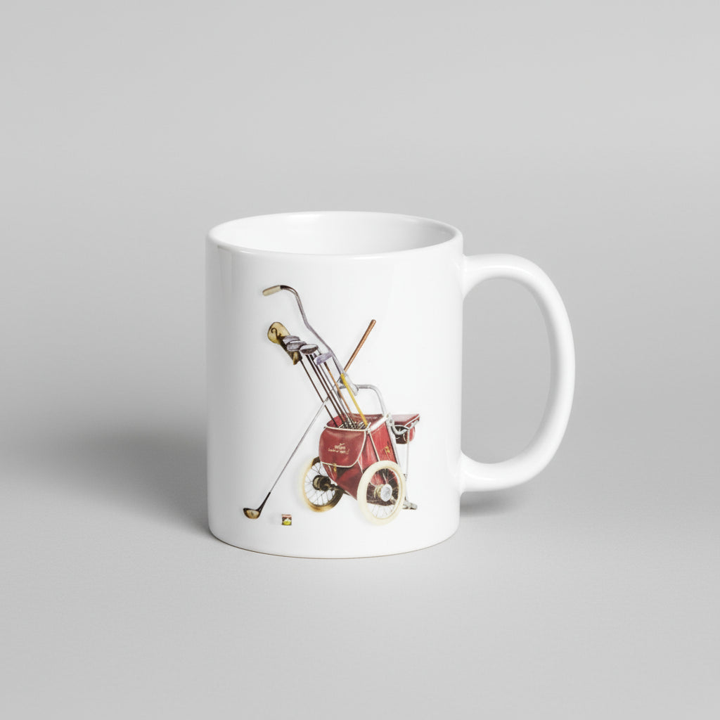 White mug with a design of a red baby buggy and golf clubs on a white background