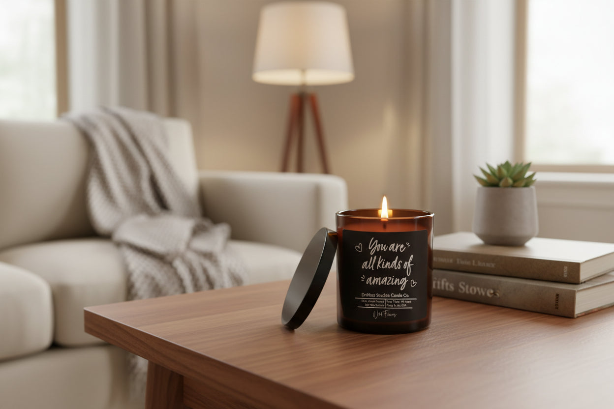 Candle in a black container with 'You are all kinds of amazing' text on a white background