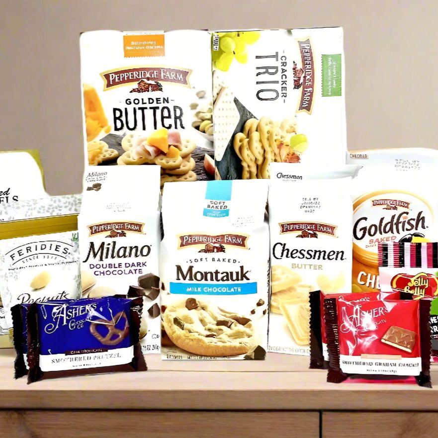 Gift basket shaped like a haunted house with Halloween-themed items on a white background