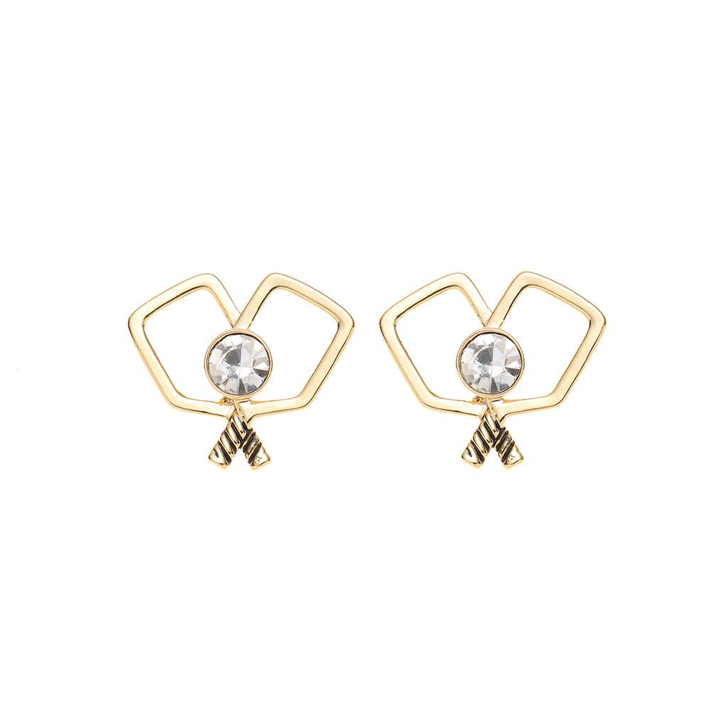 Born to Rally - Gold Double Pickleball Paddle CZ Stud Earrings