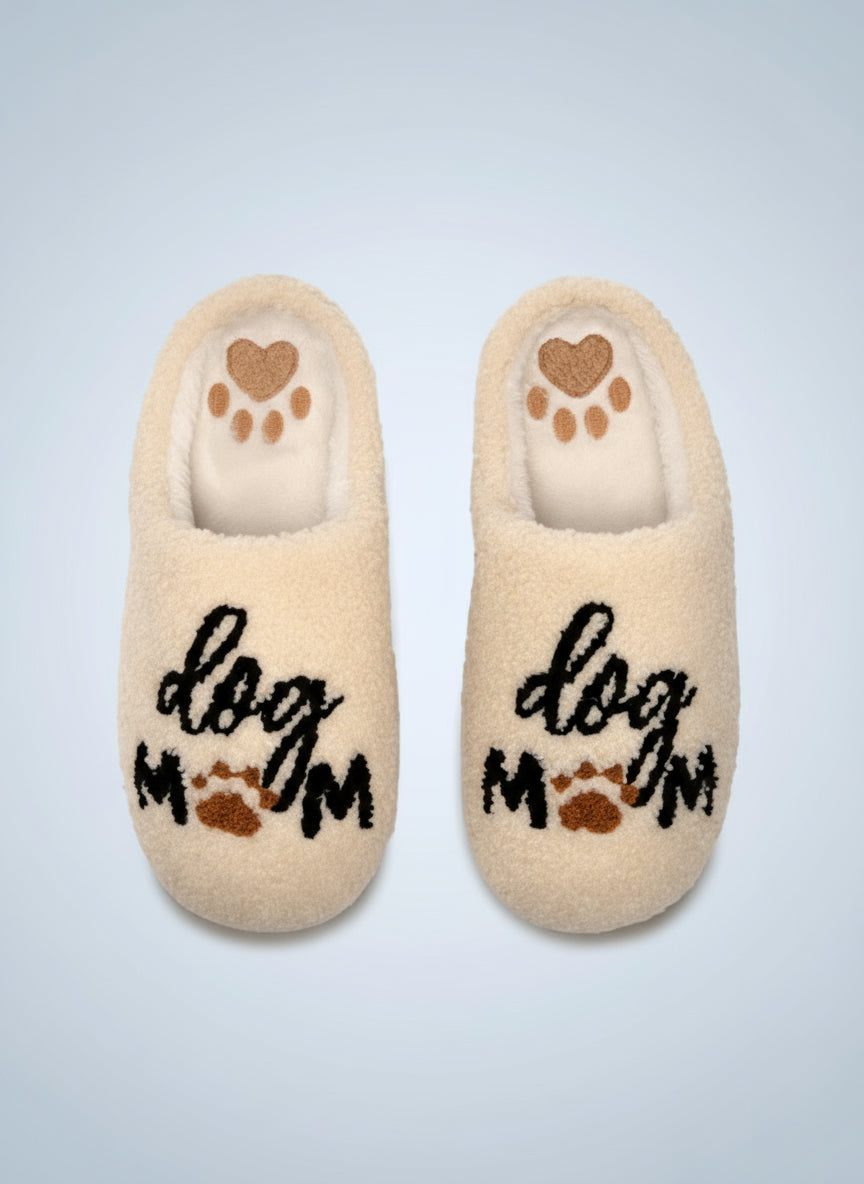 Pair of slippers with 'dog mom' text and paw prints on a white background