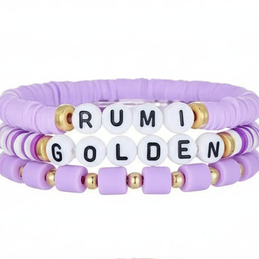 Set of colorful beaded bracelets with personalized text on a white background