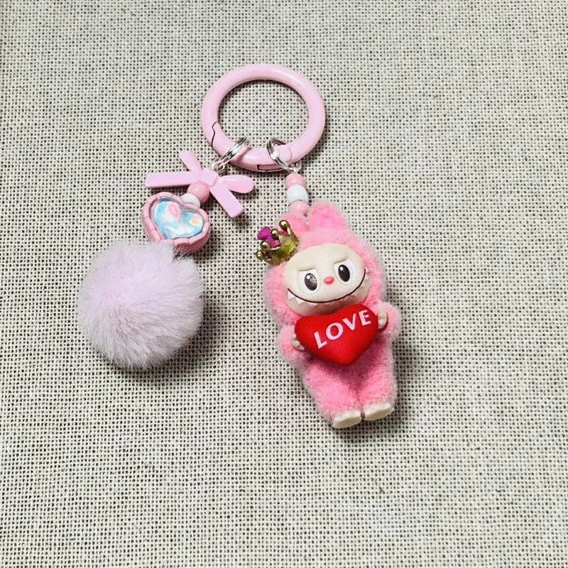 Labubu Love Heart Flocked Monster Keychain Bag Charm