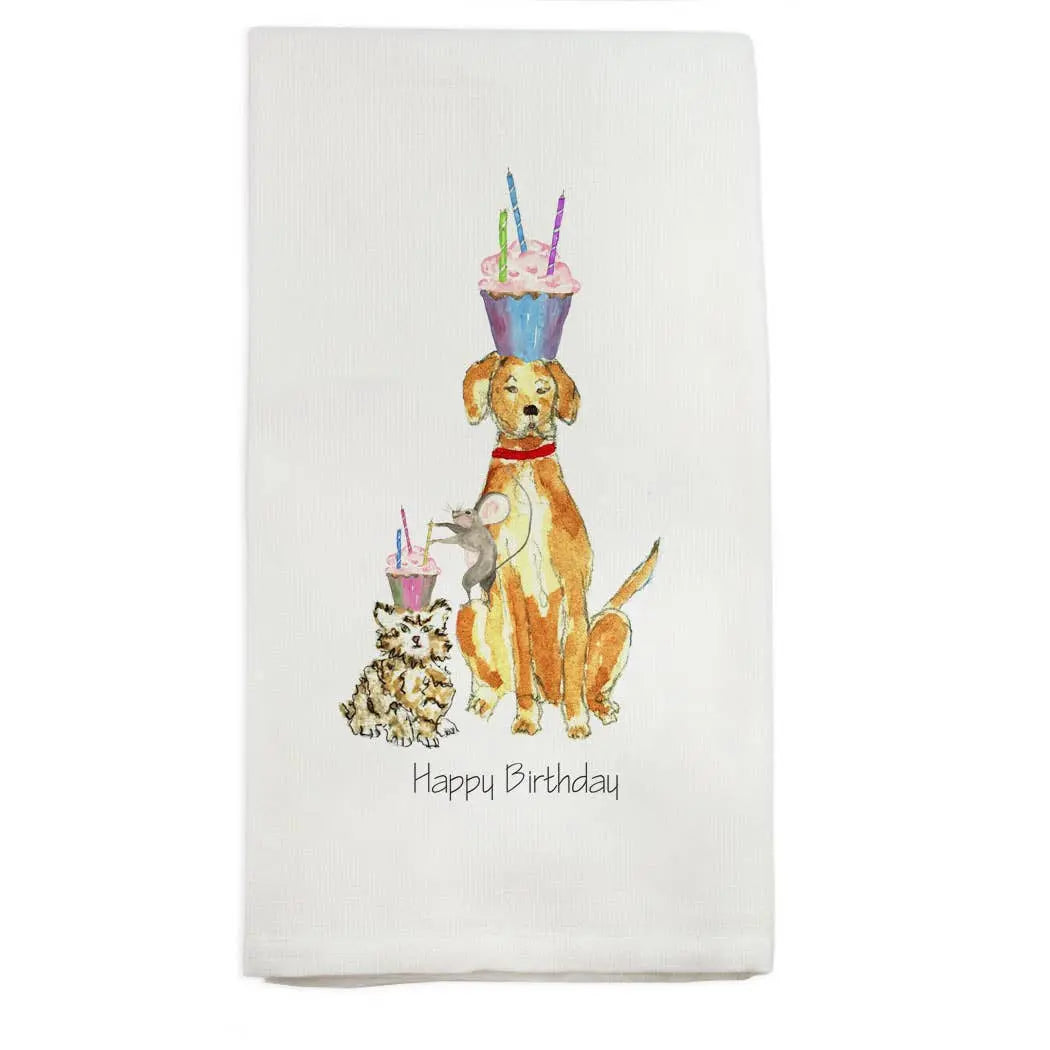 Tea towel with a design of two dogs with birthday hats and 'Happy Birthday' text on a white background.