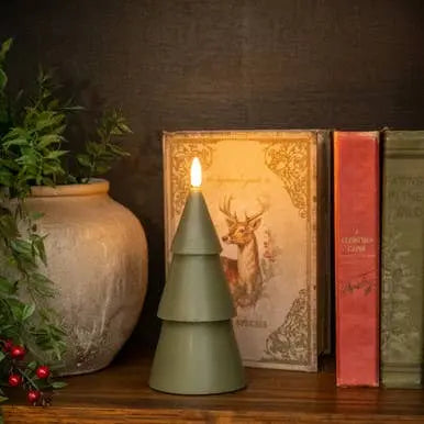 7.75" Dark Green Tree Candle - 3D Flame Sculptural Design by Ragon House