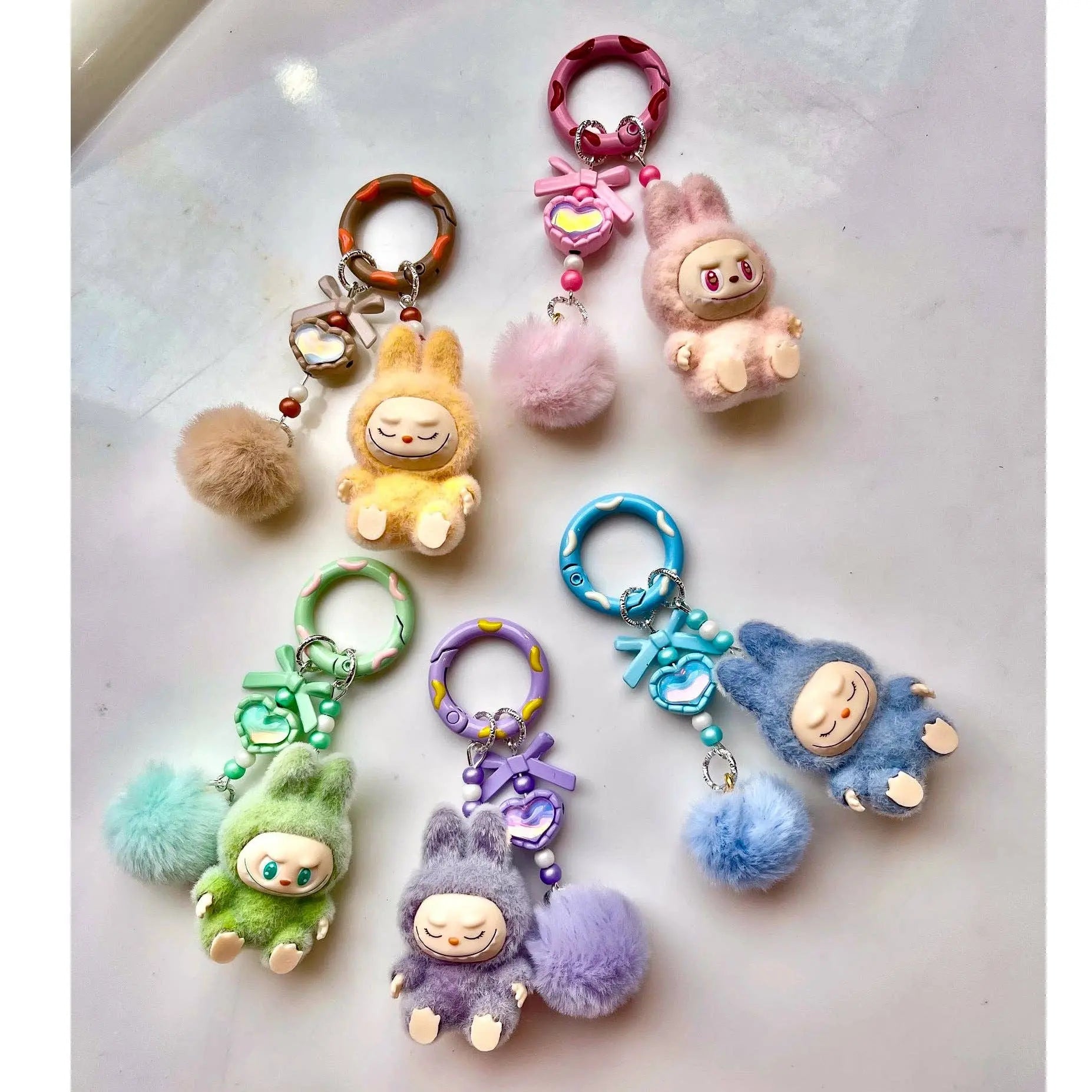 Labubu - Flocked Mini cute monster heart Keychain bag pendant with pom