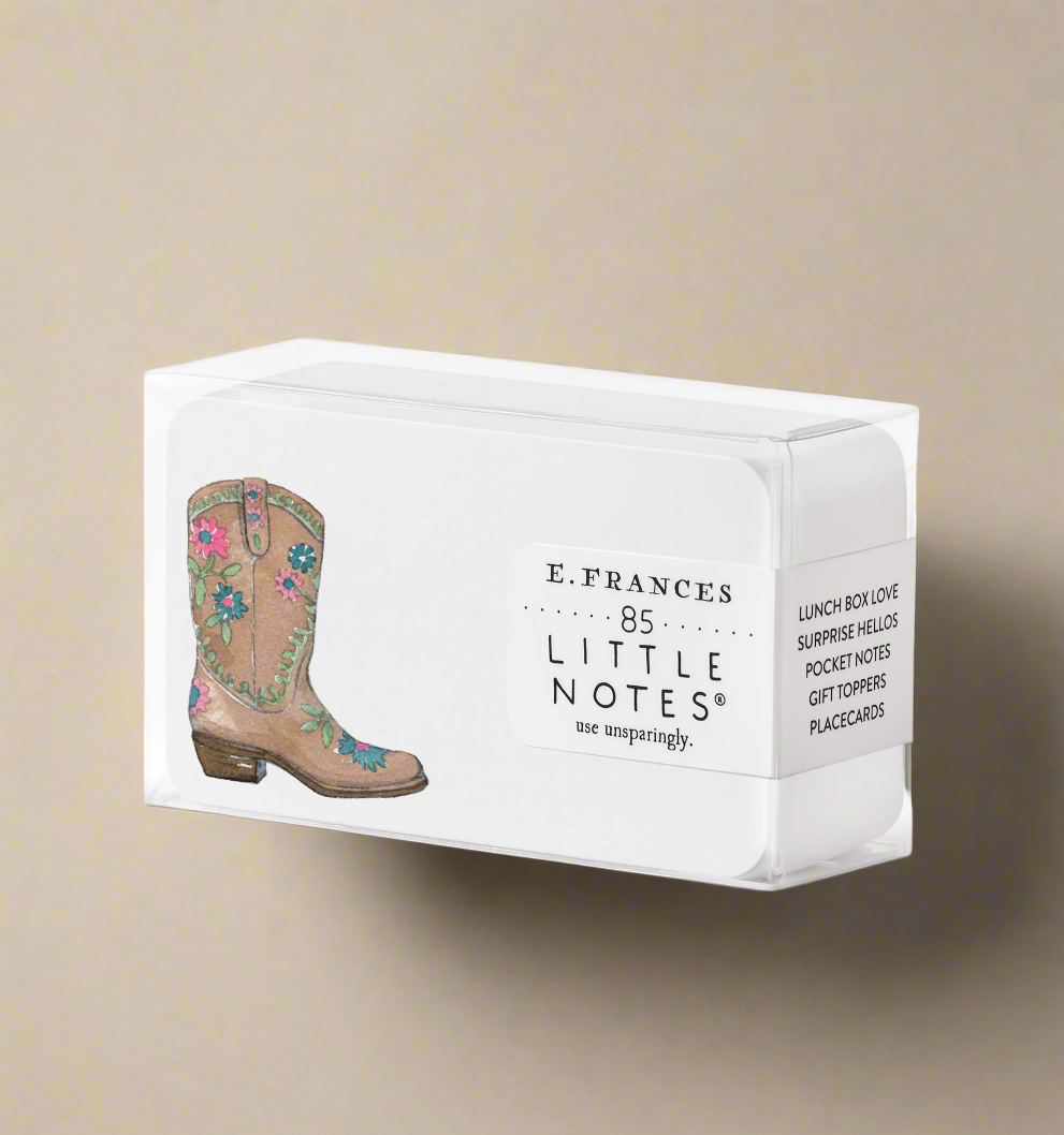 Pack of E. Frances Little Notes with embroidered cowboy boot design on a white background