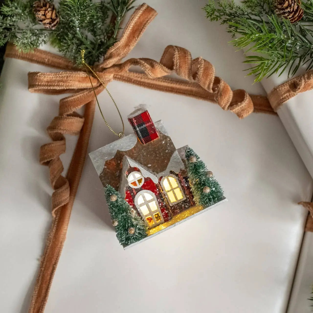 Plaid Lighted House Ornament - 3.5