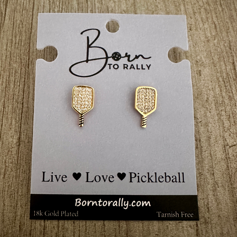 Gold CZ Pickleball Paddle Stud Earrings - Mother's Day