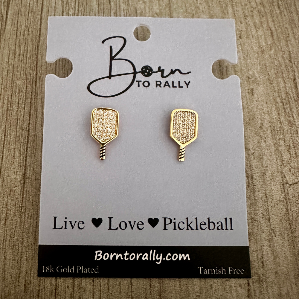 Gold CZ Pickleball Paddle Stud Earrings