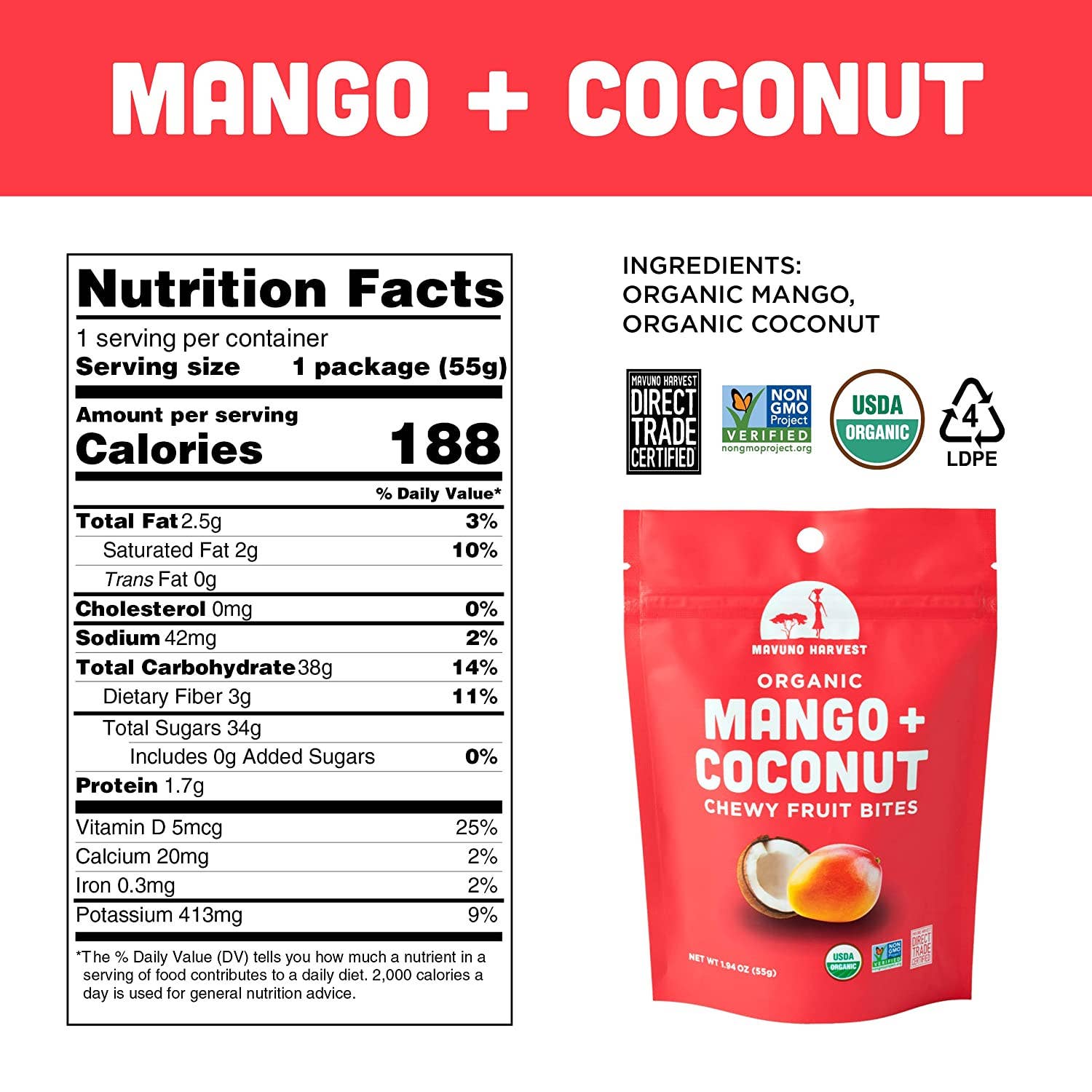 Mavuno Mango & Coconut Organic Chewy Fruit Bites 1.94oz