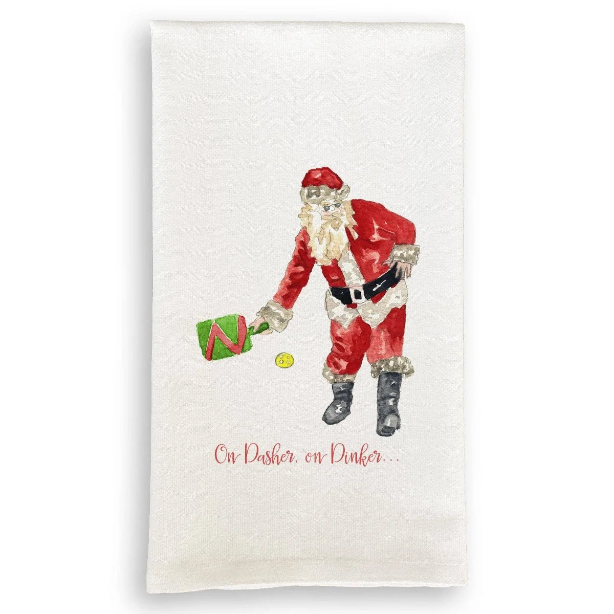 Tea towel with a cartoon Santa Claus holding a green toy, on a white background