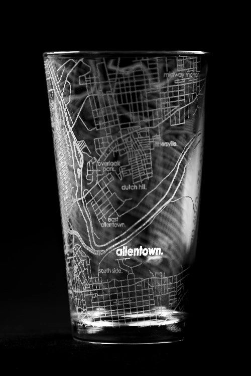 Allentown PA Map Pint Glass - 16oz Etched Street Map - Made in USA