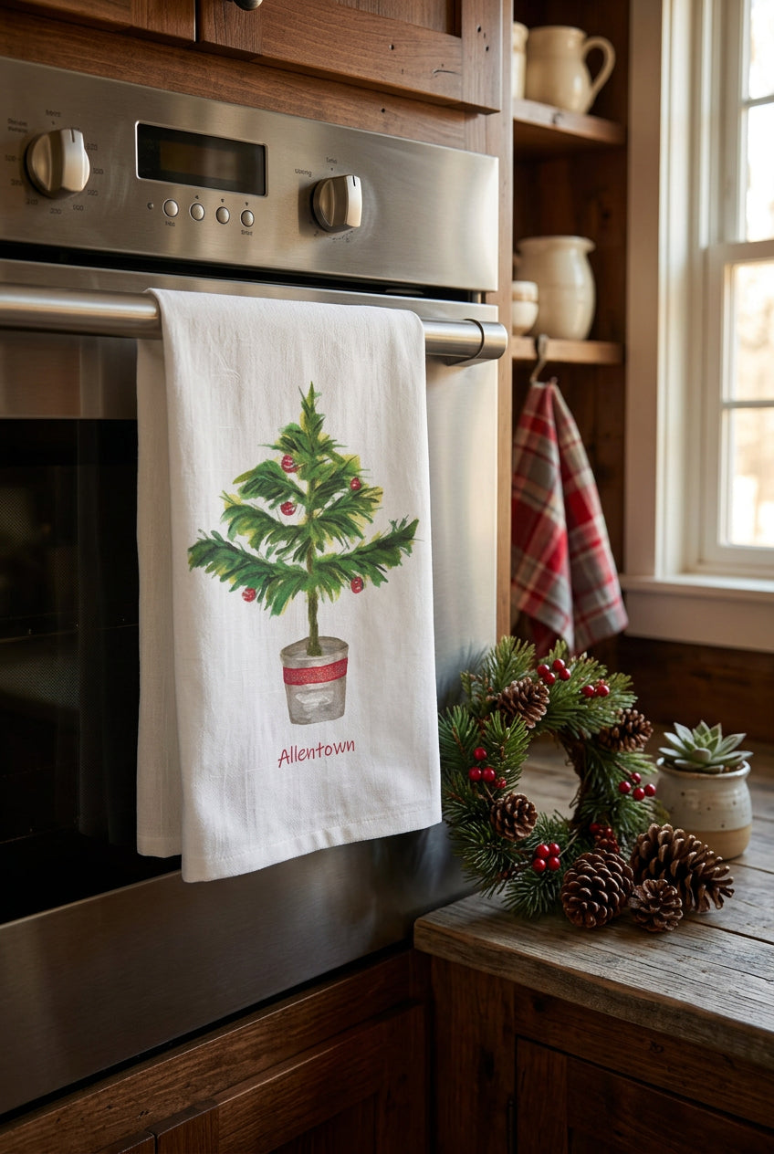A white kitchen towel with a painted green Christmas tree in a pot and the word 'Allentown' underneath, hanging over the edge of a dark metal sink. A red, white, and gray plaid towel is partially visible on the right.